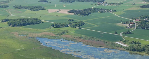 areal view of a lake and some green fields.