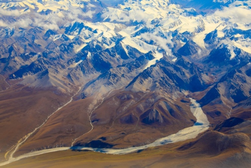 Air view of mountain range in Central Asia (snow on tops)