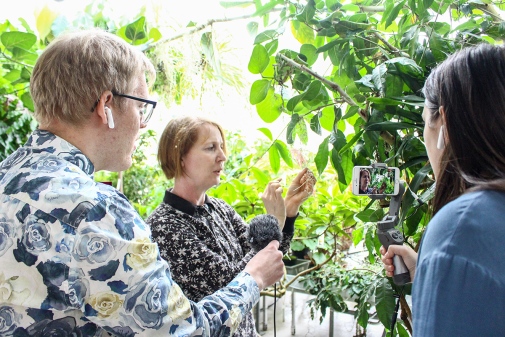 Bild från det livesända avslutet under Klimatfestivalen 2020, där besökare fick hänga med bakom kulisserna och kika in i växthuset på Institutionen för ekologi, miljö och botanik.
