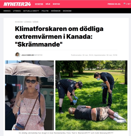 klipp från Nyheter24 webbplatsen, en person med paraply och en liggande på marken