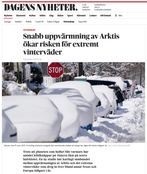 Klipp från DN webbplats, visar bilar täkta av snö