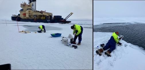 researchers working on the ice with icebreaker Oden in the background