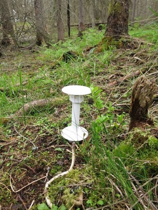 TMS-4 microclimate logger, apparat, ser ut som en vitpump, mitt i skogen