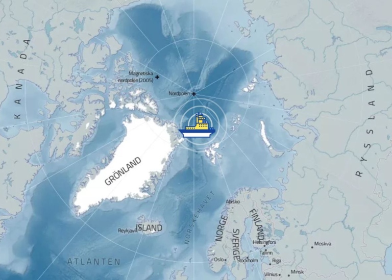 Map of the target area for the expedition ARTofMELT Oden is placed north east of Greenland.